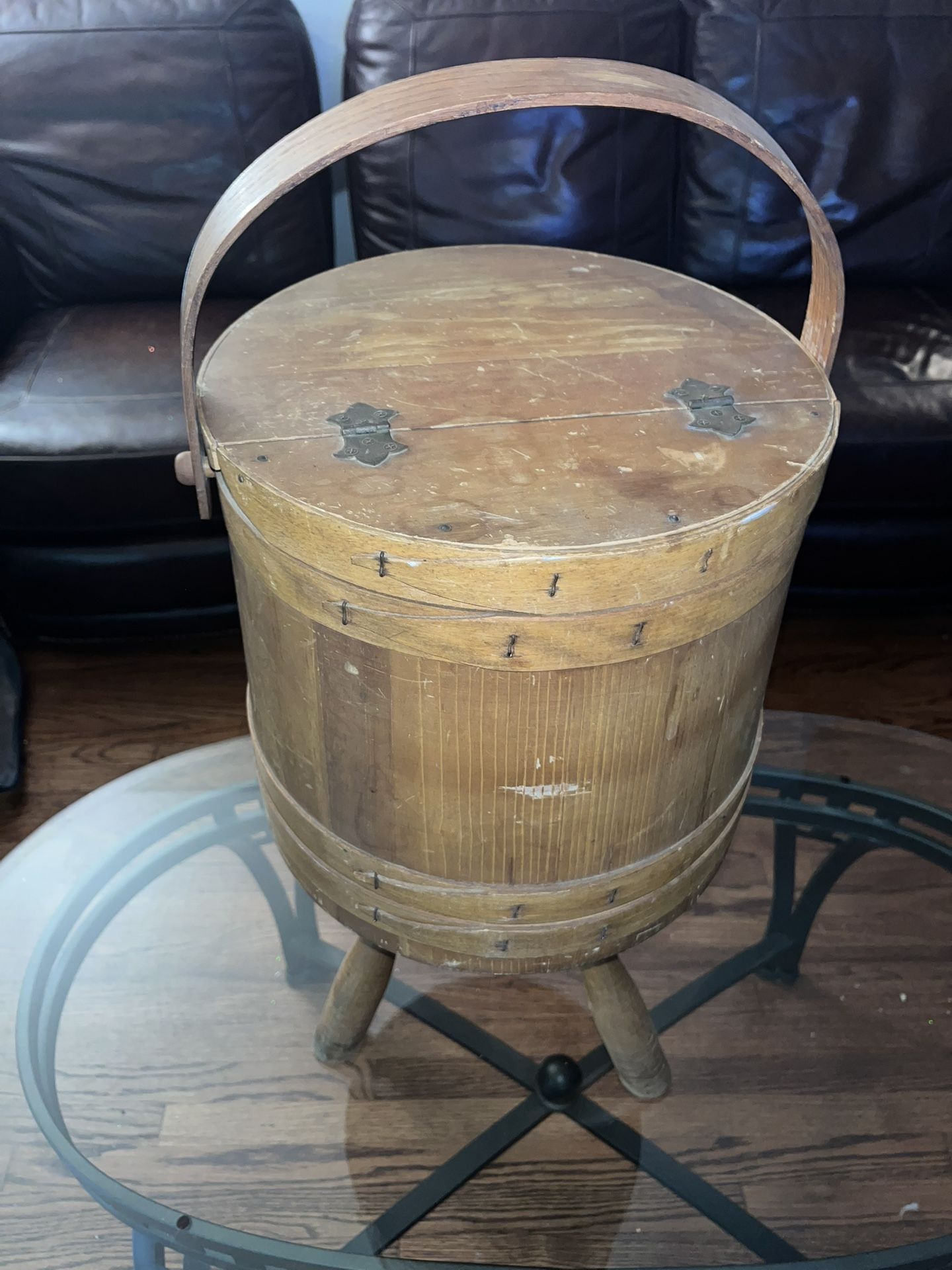 Sewing Basket Bucket Vintage Wood Firkin Stand 3 Legs Tripod Primitive holder