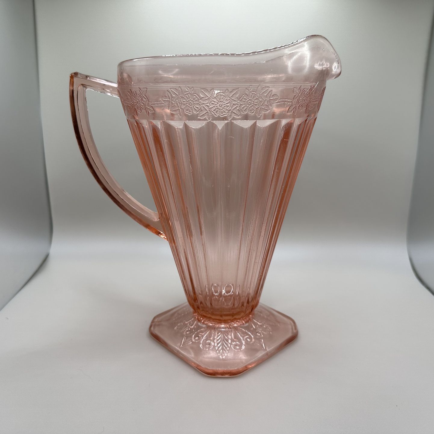 Vintage Jeanette Adam Pink Depression Glass Floral Square Footed 32 Oz Pitcher 8in