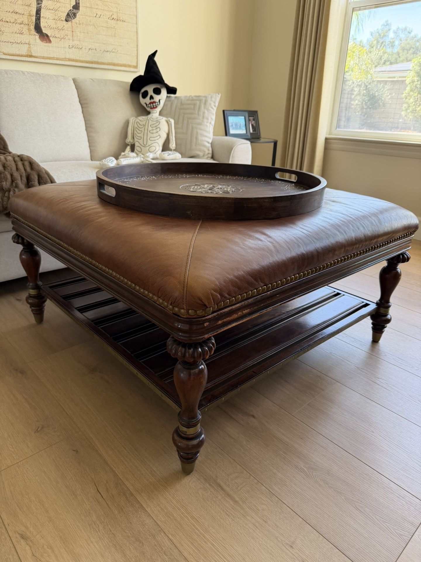 ThomasVille leather and wooden ottoman and wooden tray for sale!