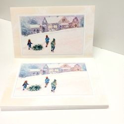 Vintage HALLMARK Christmas Cards BOXED SET 18 Large W Envelopes WINTER Kids Pulling Tree  / Note Cards