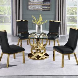 5 PCS Malta Collection Modern Dining table set-available in 4 colors- Gold Chrome Stainless Steel w/ Round Glass Table Now 2549.00  Free Delivery 🚚 