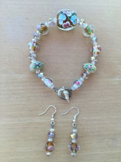 Lamp Work Amber Flower Bracelet Earrings Set