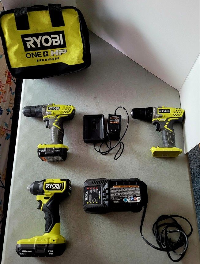 Ryobi Cordless Drill Set - Impact Drill + 2 Drill/Drivers + Batteries + Chargers + Bag