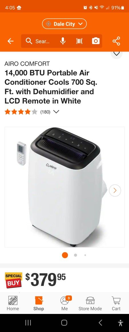 AIRO COMFORT
14,000 BTU Portable Air Conditioner Cools 700 Sq. Ft. with Dehumidifier and LCD Remote in White