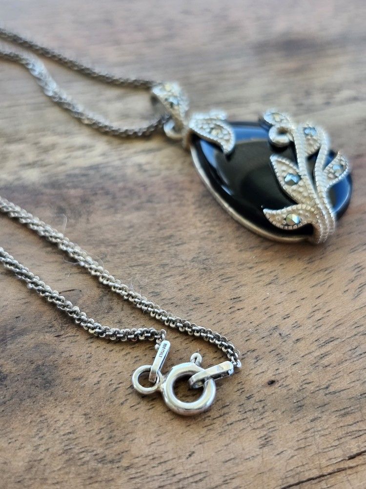 Natural Onyx Sterling Silver Marcasite Necklace 