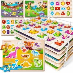 SYNARRY Wooden Peg Puzzles for Toddlers 1-3 6-Set Animal Jigsaw Puzzles with Storage Rack Education Toddler Puzzles Toys Gifts for 2 3 Years Boys Gi