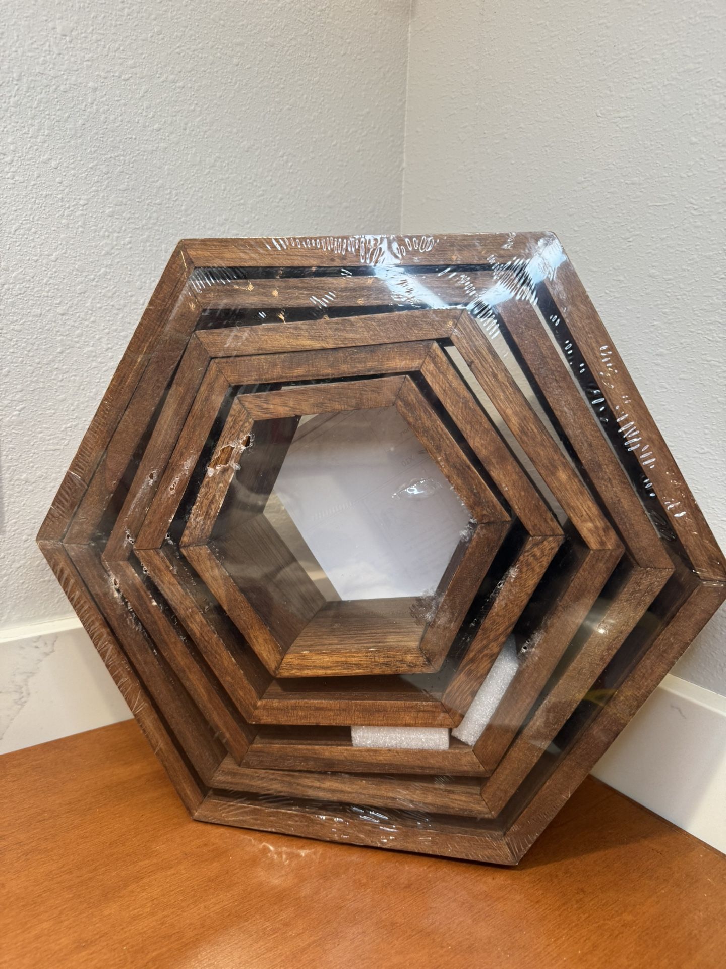 NEW Set Of 5 Solid Wood Hexagonal Floating Wall Shelves