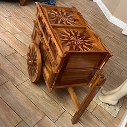 Vtg Inlaid Wooden Oxen Cart/Wagon 