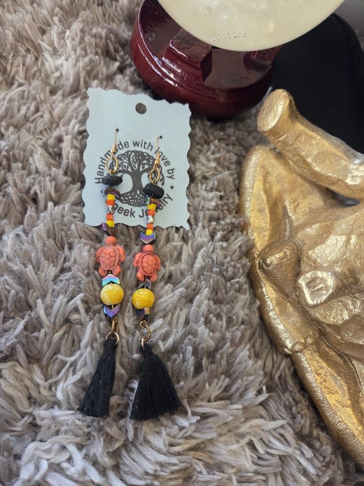 Handmade Colorful Beaded Turtle Earrings with Tassels