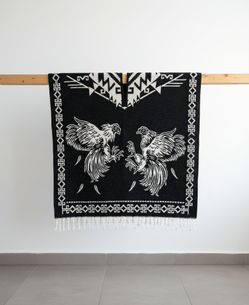 Mexican Zarape Black and White Woven Rooster Poncho with Fringe