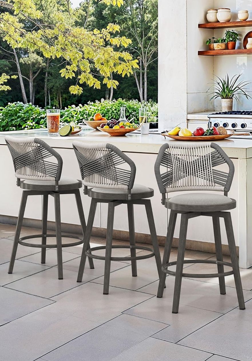 Outdoor Bar Stools Set of 3 360° Swivel Aluminum Rattan Barstools, Olefin Rope Counter Height Bar Stools with Curved Backrest, Boho Barstool with Cir