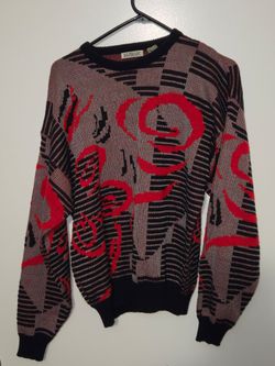 Vintage Koman Sweater Womens Red Black 80s 90s Abstract Knit MEDIUM