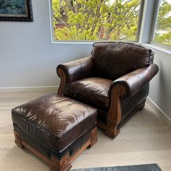 Leather Nailhead Arm Chair And Ottoman 