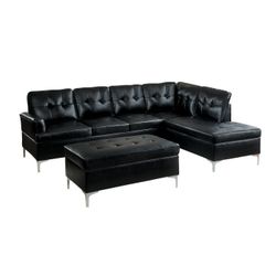 Black Dark Leather Sectional - Chrome Legs