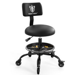 Rolling Shop Stool with Wheels, Garage Mechanic Stool Chair with Backrest, Height Adjustable Heavy Duty Swivel Task Chair, Adjustable Footrest with St