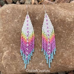 White With Sunset Colors Beaded Earrings With Fringe, New, Handmade By Me
