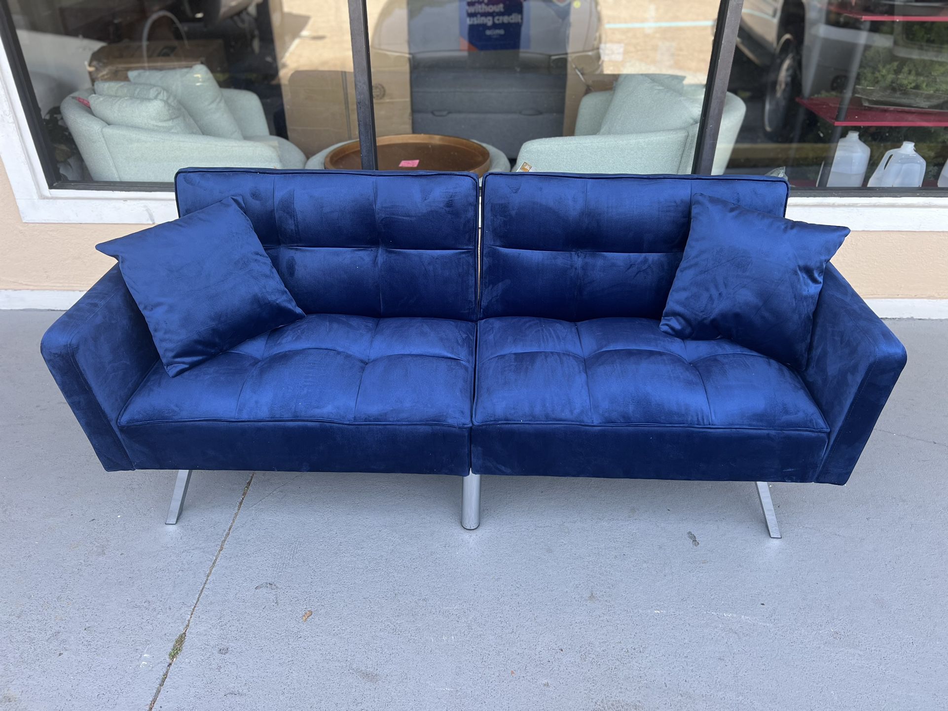 New 74 Inch Wide Modern Tufted Futon Sofa Bed, Velvet Upholstered Convertible Sofa, Blue