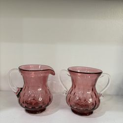 Vintage Cranberry Glass Creamer/pitcher And Vase With Handles 