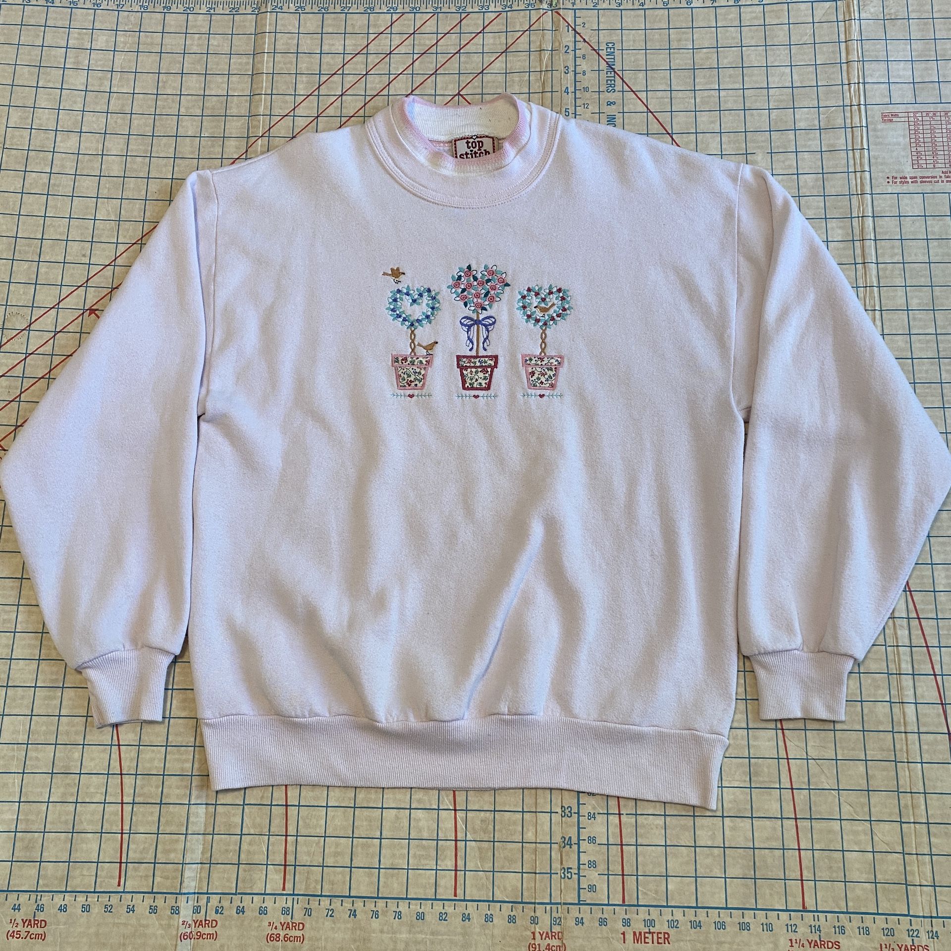 VTG Top Stitch Morning Sun Pink Sweatshirt Heart Shrubs Grandma Sweater USA L