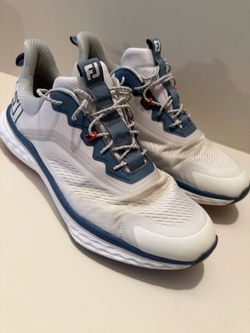 FootJoy Quantum Spikeless Golf Shoes (specifically in the White/Blue/Red colorway, style number 56989).