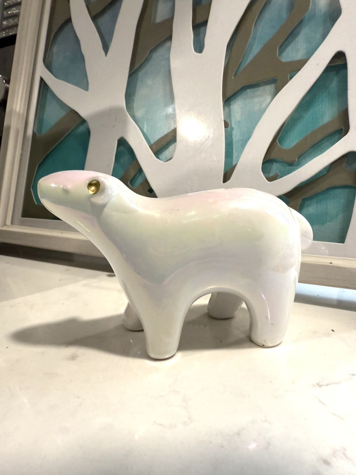 Sweet Iridescent White Ceramic Polar Bear With Gold Accents on Ears & Nose Approx 5” x 3.5”