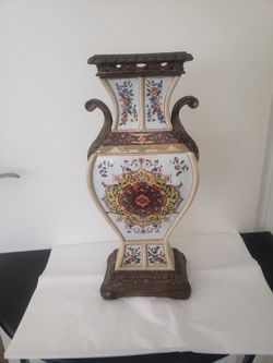 Large Vintage Castilian Porcelain & Brass Vase