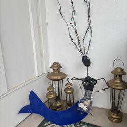 Whimsical Metal Mermaid & Gold Lantern Garden Set