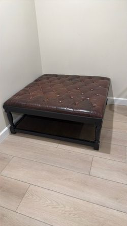 Large Tufted Leather Ottoman with Bottom Shelf
