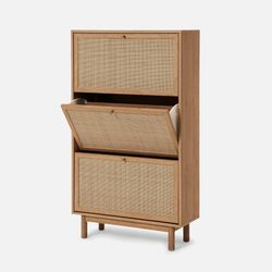 mopio Hannah Shoe Cabinet, Natural Rattan Farmhouse Shoe Storage Organizer, 3 Door Closet Rack for Entryway, Spacious Hallway Storage Cabinet with Doo