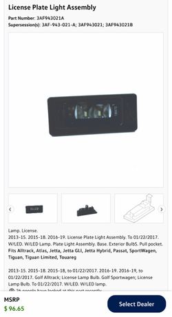 VW License Plate Light Assembly 3AF943021A