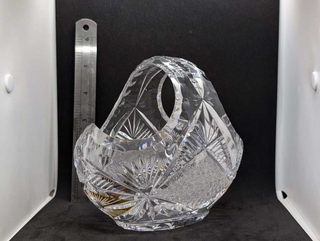 Antique American Brilliant Period Cut Crystal Basket Gold Accent