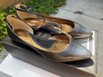 Anthropologie Pied Juste Sorento Metallic Black Ankle Strap Flats US 7.5 / EU 38