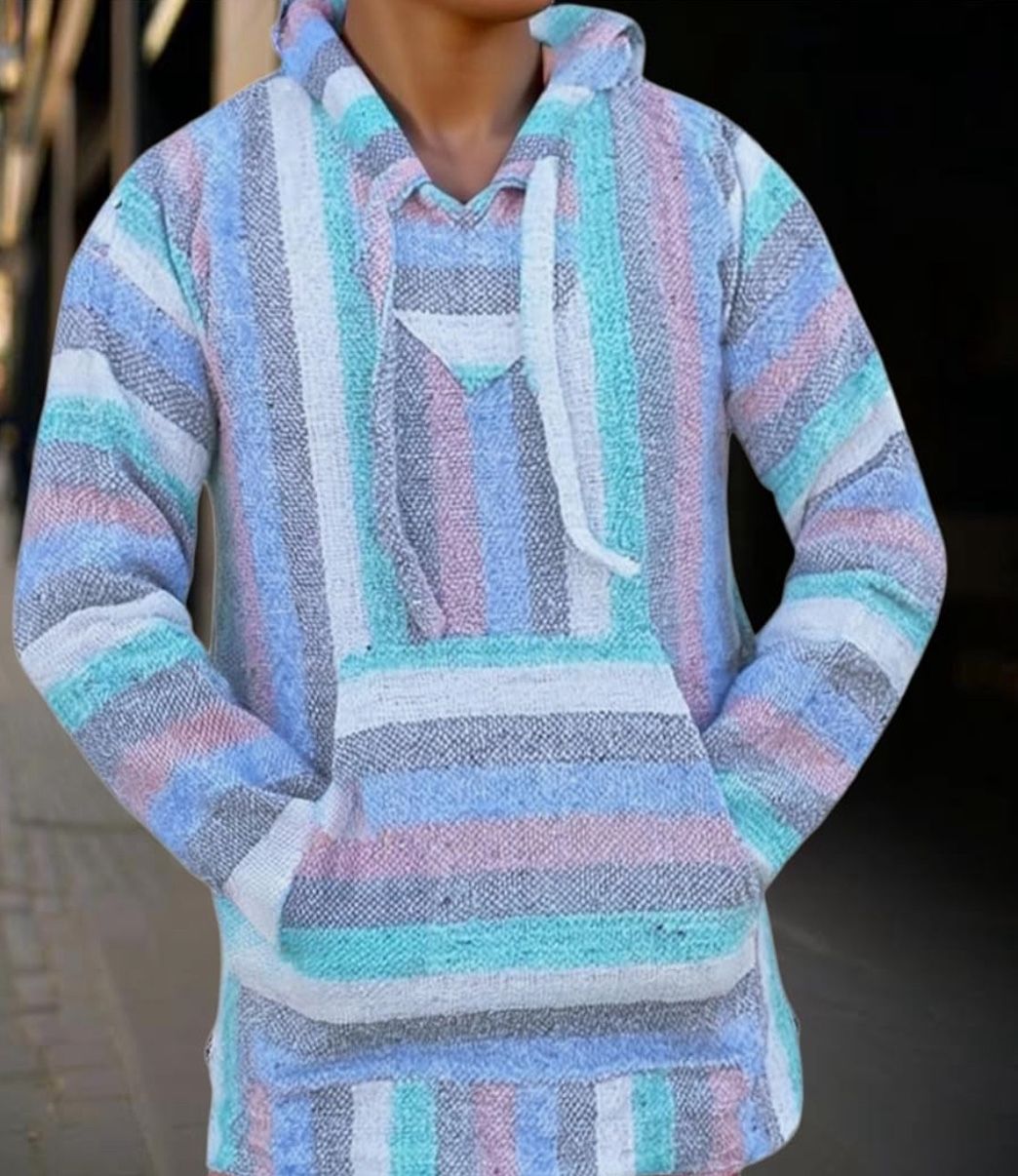 SMALL Pastel Mexican Baja Hoodie Hippie Surf Poncho Sweater Sweatshirt Pullover Jerga