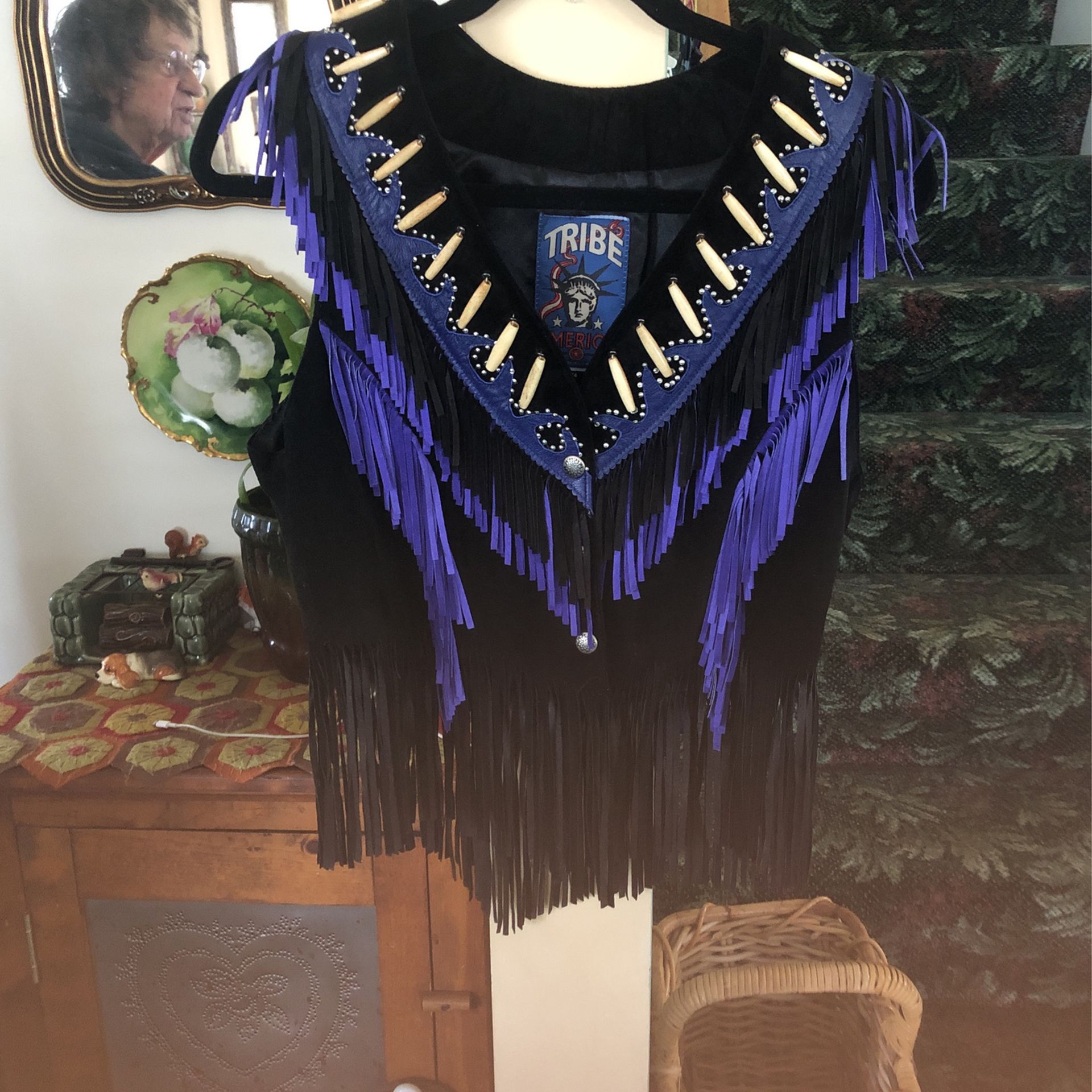 Tribe Leather Black & Purple Sz 14 Fringe Vest
