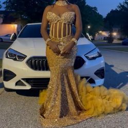 Gold Rhinestone Corset Prom Dress