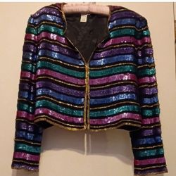 RARE VINTAGE TALBOTS MULTICOLOR STRIPED SEQUIN BLAZER. 100% SILK. SIZE LARGE.