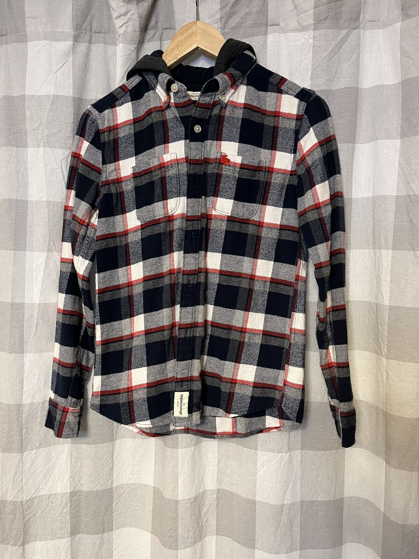 Abercrombie Kids Hooded Flannel Shirt Boys Size 13/14  Red White & Blue Plaid