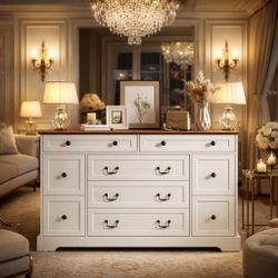 Farmhouse 9 Drawer Dresser with Charging Station, 54" Wide Wide Wood Dresser with Roman Metal Handle, Vintage Dressers TV Stand, Chest of Drawers for 