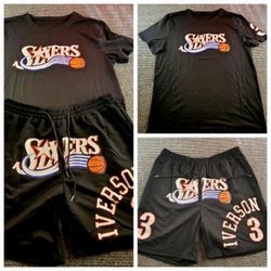 Philadelphia 76ers Allen Iverson Mens L Large Black T-shirt Short Set New
