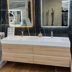 72" Double Sink Floating Natural Wood Color Bathroom Vanity