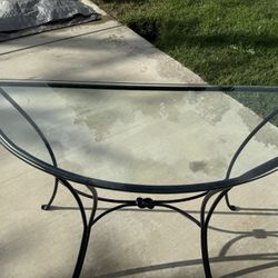Half moon glass top console table w/ metal base