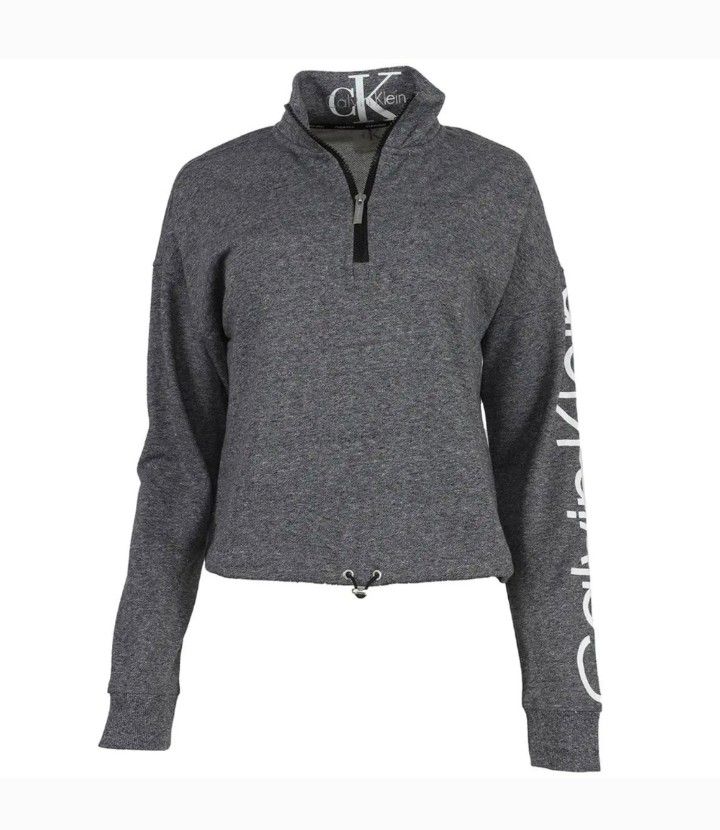 Calvin Klein designer cropped half zip up / quarter zip pullover grey sweat jacket white logo