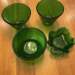 Green Glass Collection 3 Bowls And 1 Candy Dish