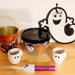 Ghost Halloween Decor Sign, Bucket,  2 Candle Holders Yankee Candle,  Light Up Wand, Container 