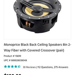 Monoprice Black Back Ceiling Speakers 8in 2- Way Fiber with Covered Crossover (pair)