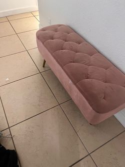pink/blush velvet tufted ottoman bench with gold metal tapered legs