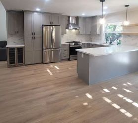 oak and begie grey cabinets