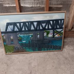 Original Painting On Canvas Of Railroad Bridge 37" X 25" 