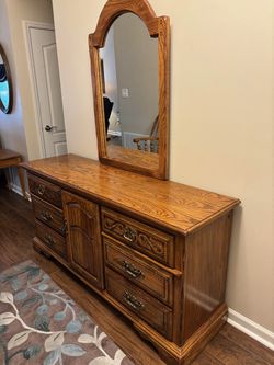 Solid Oak 9-Drawer Dresser / Buffet / TV Console + Mirror — American Drew