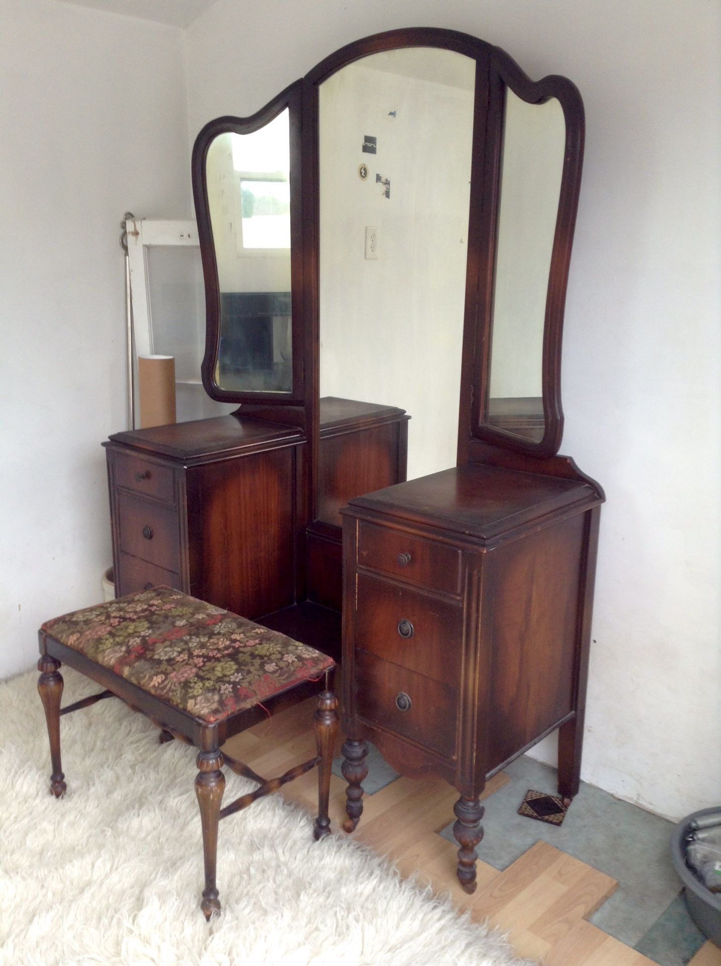 Antique Vanity on Casters with Mirror and Chair